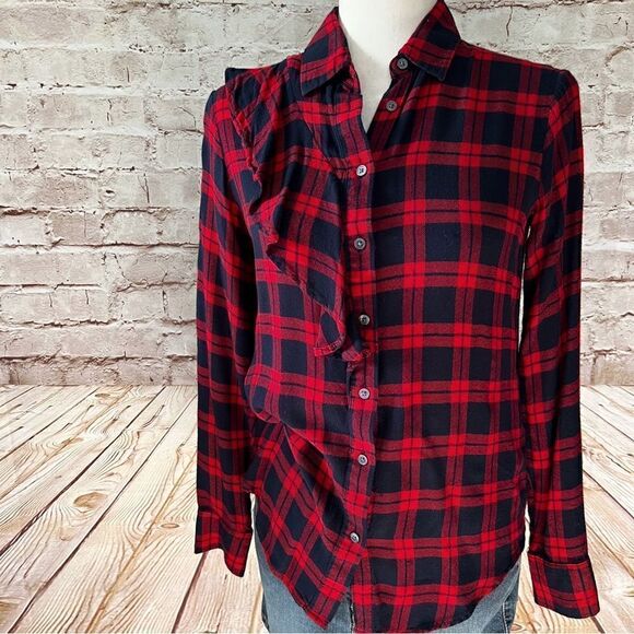 Banana Republic Dillon plaid flannel ruffle shirt button up - Picture 1 of 6